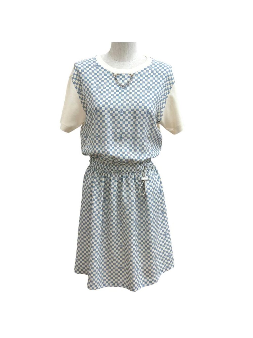 Louis Vuitton Cotton Silk Blend Damier Front Drawstring Dress White Blue XS